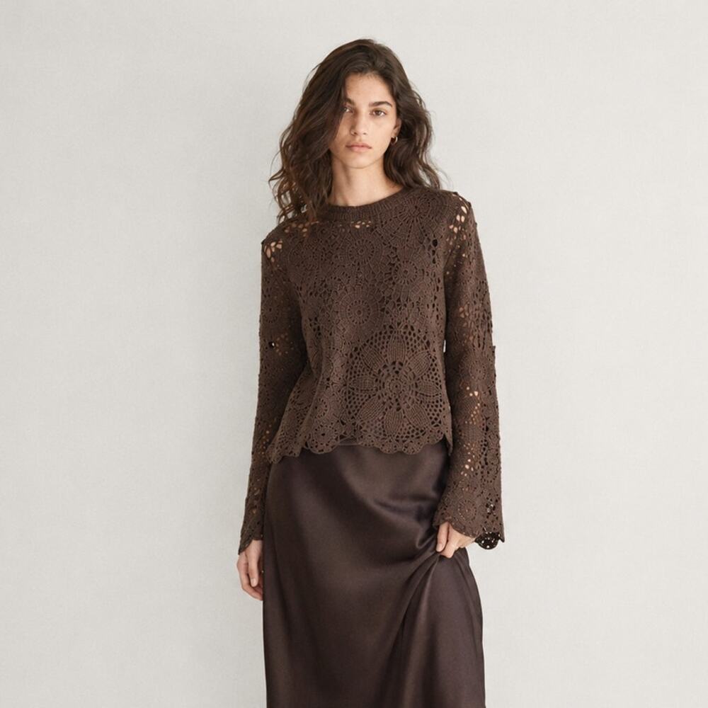 Mango MNG Crochet Long Sleeve Top Womens S Chocolate Brown Floral Cotton Knit